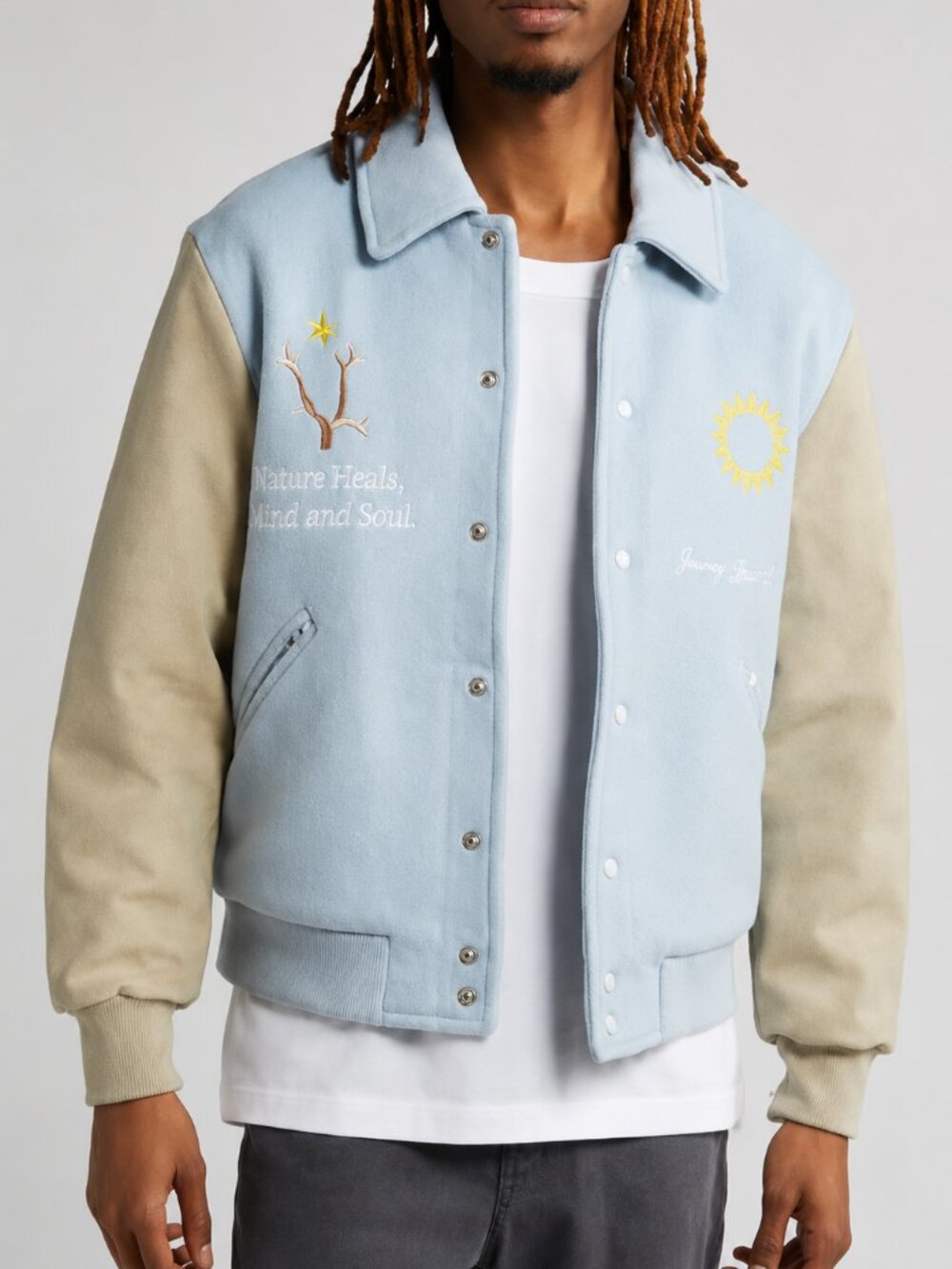 KROST Coastal Wool Blend Varsity Jacket Blue Tan XL